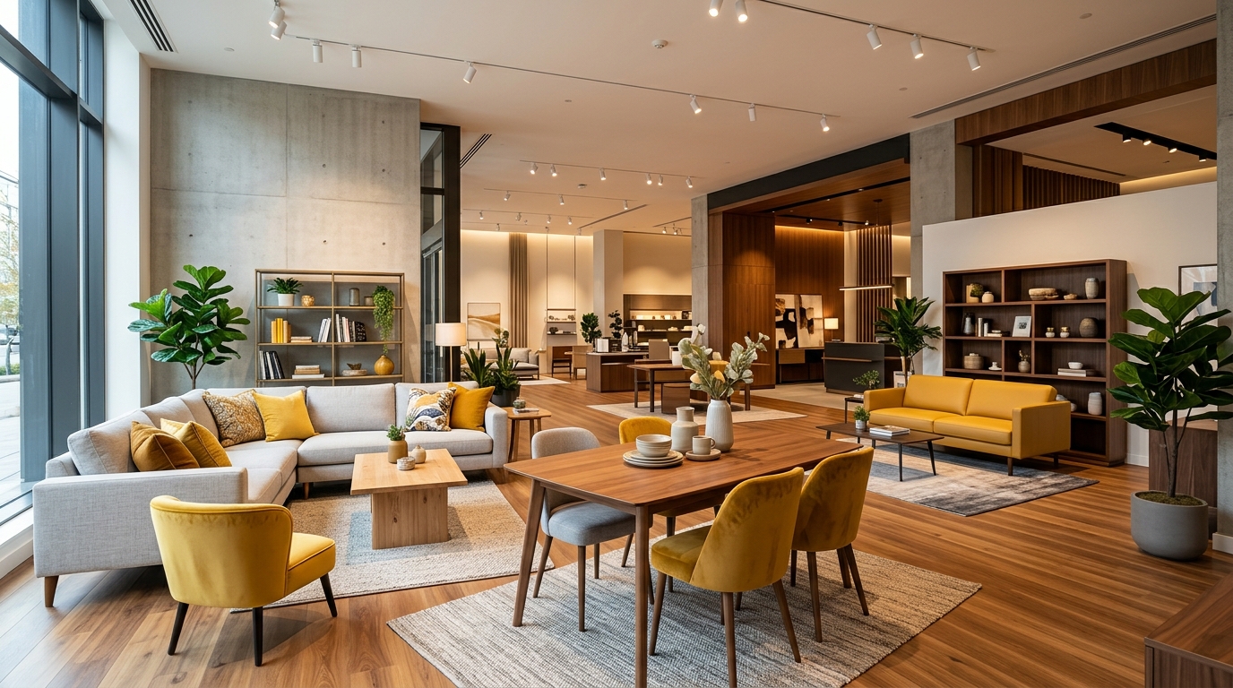 Showroom premium de Muebles Amarillos en Bogotá - sala, comedor y dormitorio