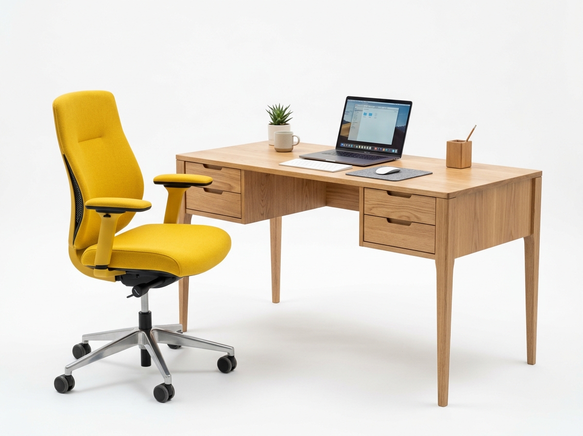 Set escritorio de madera con silla ergonómica amarilla para oficina - Muebles Amarillos